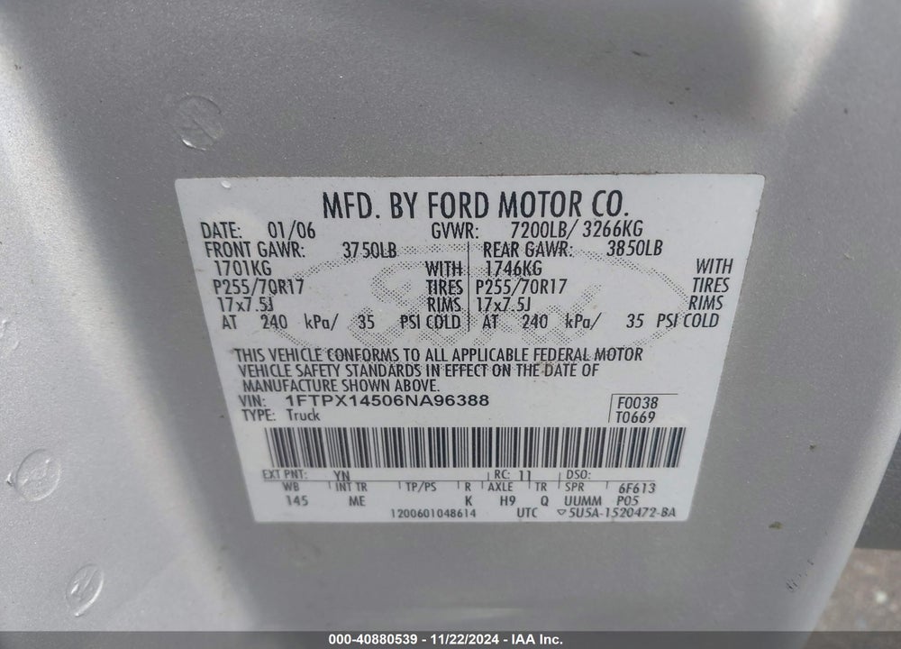 2006 FORD F-150 FX4/LARIAT/XL/XLT VIN: 1FTPX14506NA96388