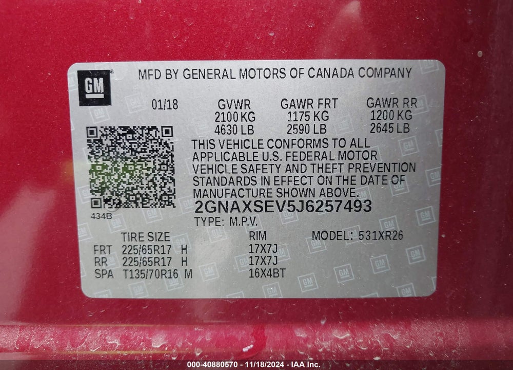 2018 CHEVROLET EQUINOX VIN: 2GNAXSEV5J6257493