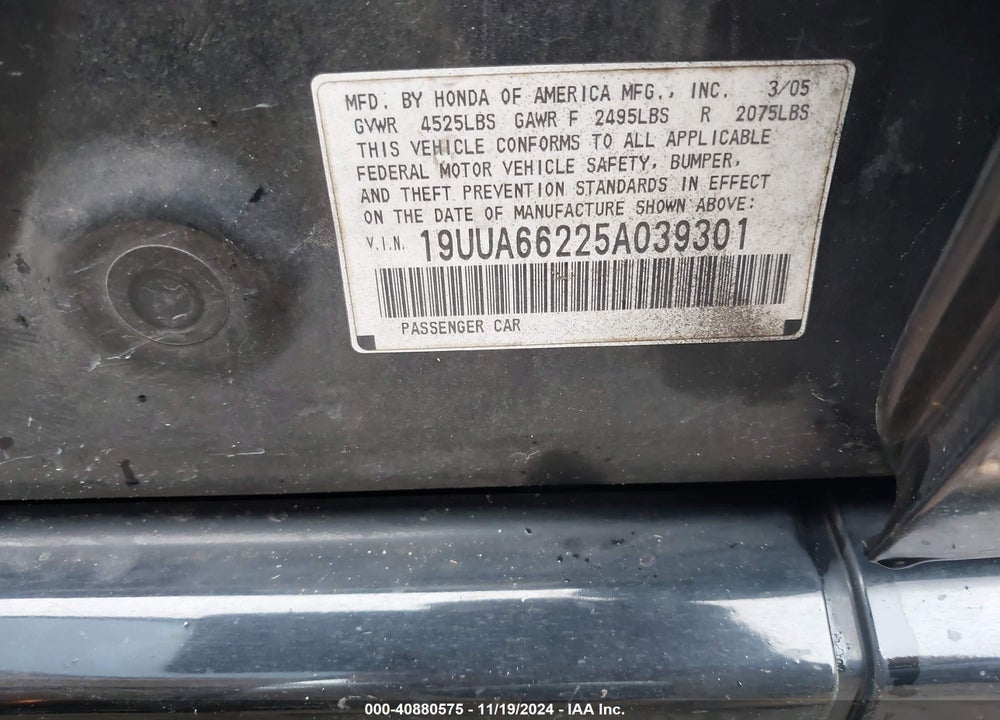 2005 ACURA TL VIN: 19UUA66225A039301