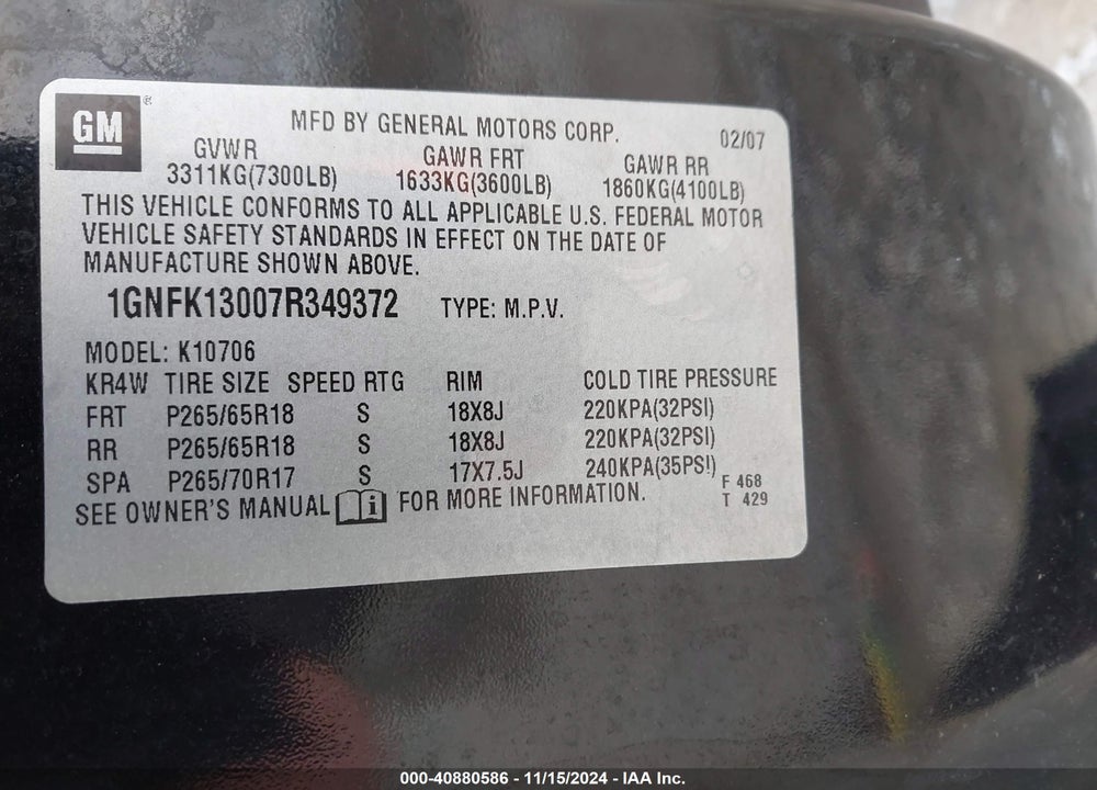 2007 CHEVROLET TAHOE LT VIN: 1GNFK13007R349372