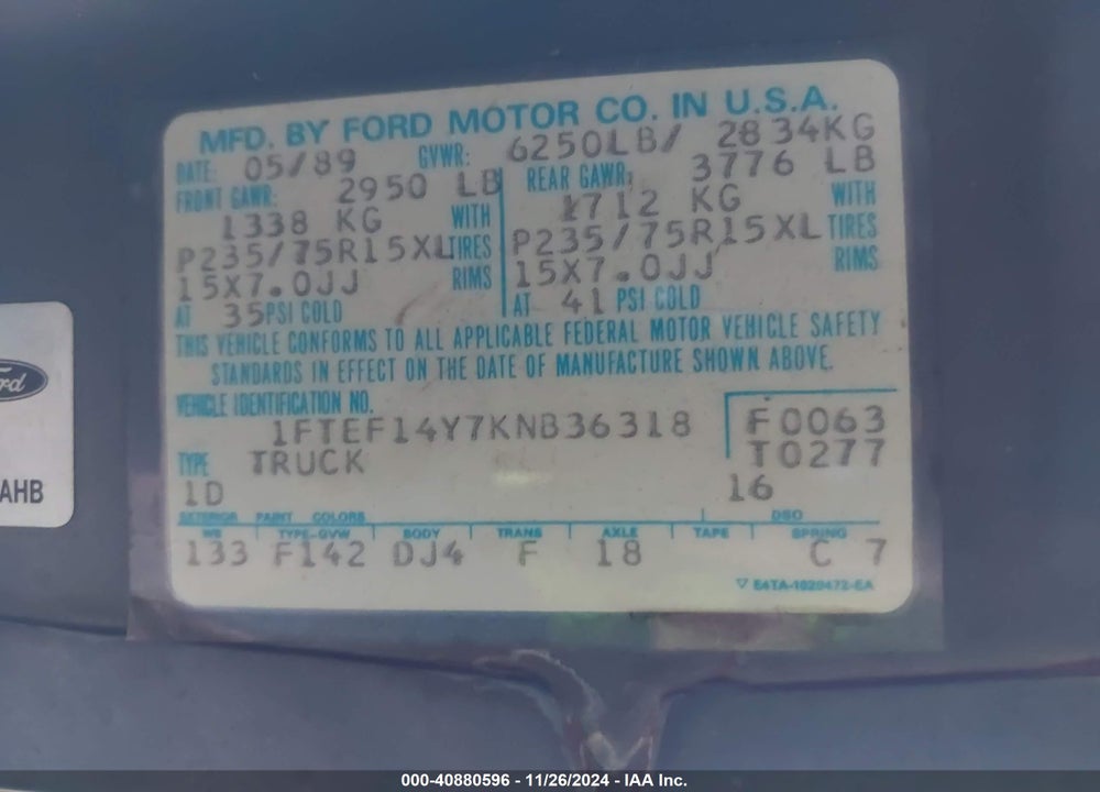 1989 FORD F150 VIN: 1FTEF14Y7KNB36318