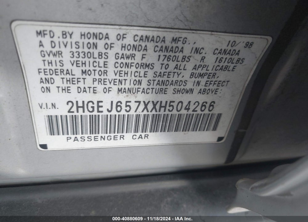 1999 HONDA CIVIC LX VIN: 2HGEJ657XXH504266