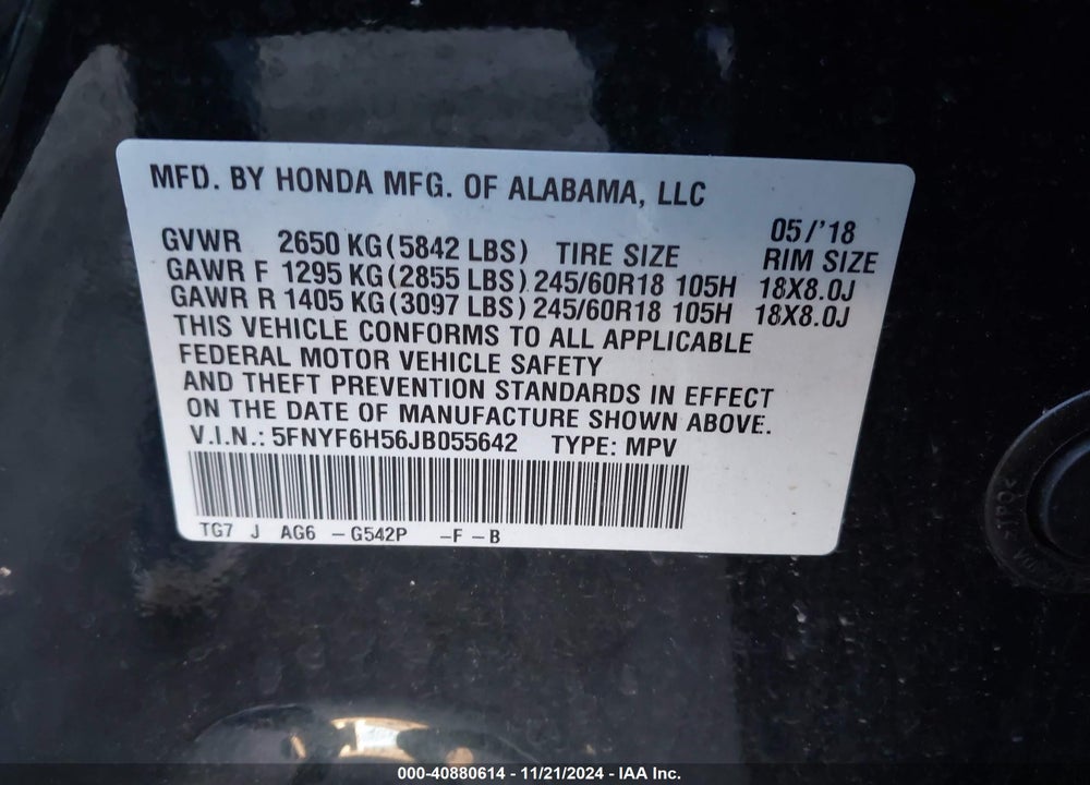2018 HONDA PILOT EX-L VIN: 5FNYF6H56JB055642
