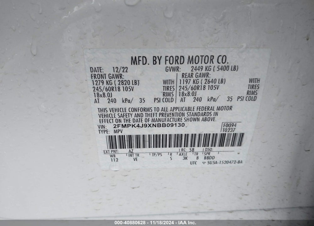 2022 FORD EDGE SEL VIN: 2FMPK4J9XNBB09130