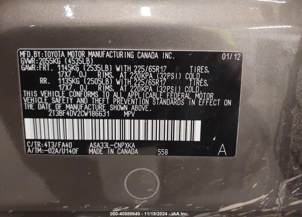 2012 TOYOTA RAV4 VIN: 2T3BF4DV2CW186631