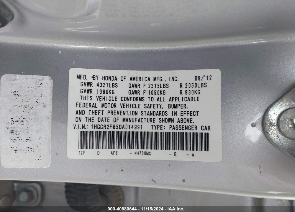 2013 HONDA ACCORD EX-L VIN: 1HGCR2F85DA014991