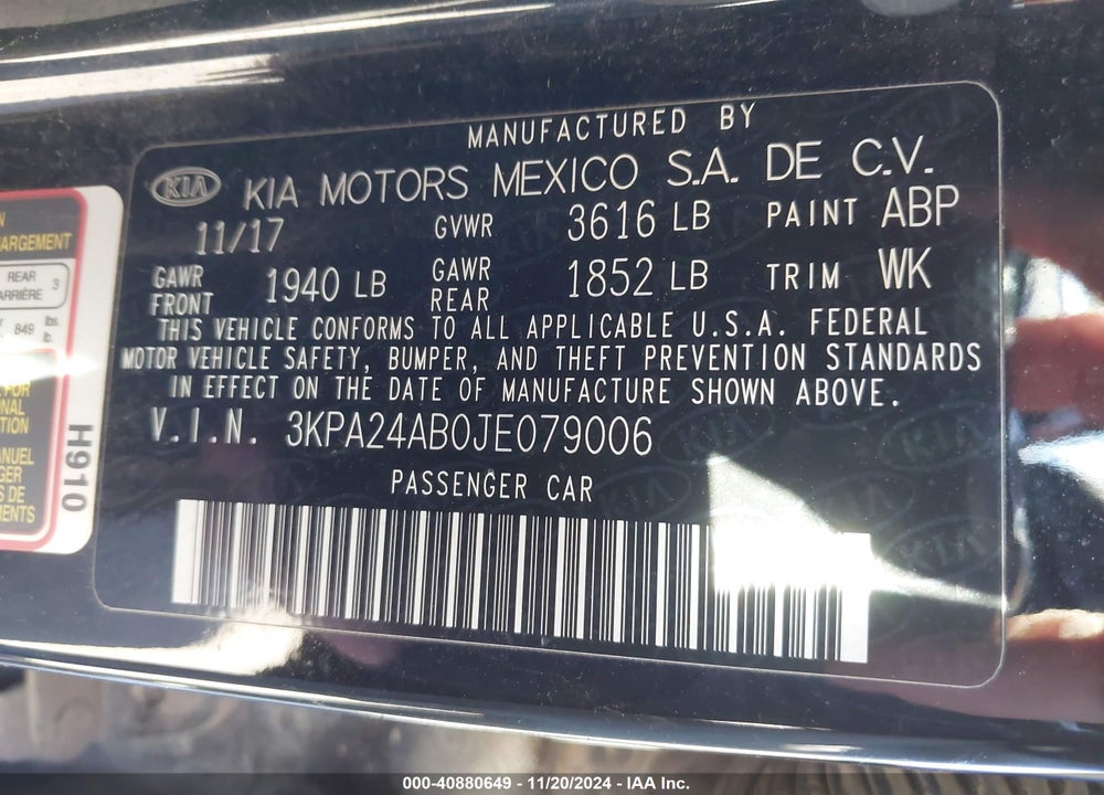 2018 KIA RIO LX VIN: 3KPA24AB0JE079006