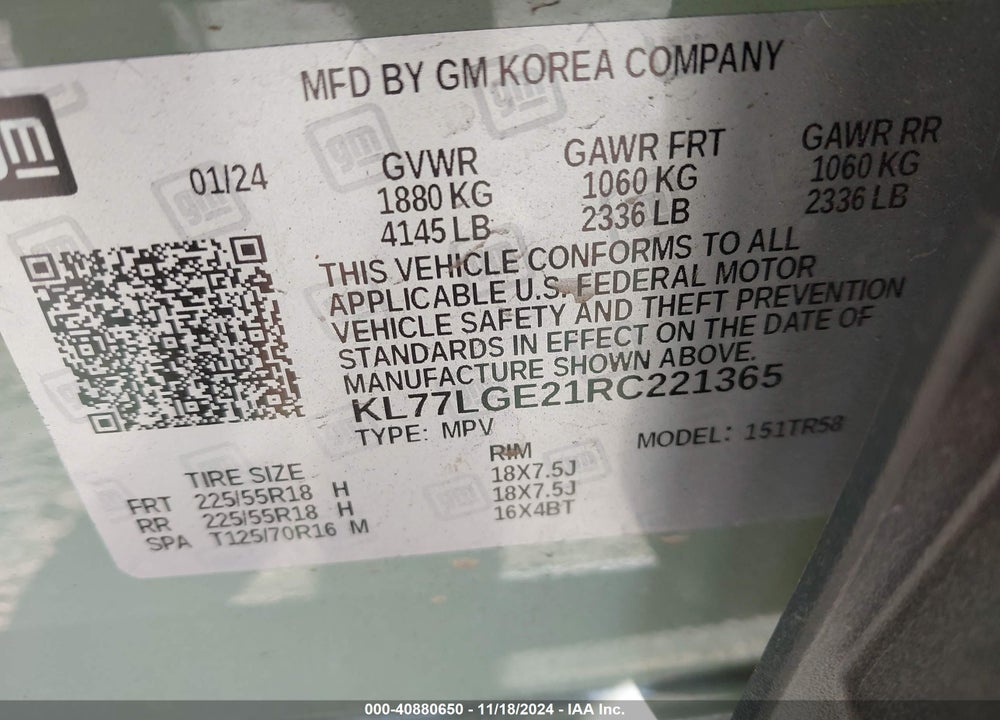 2024 CHEVROLET TRAX FWD 1RS VIN: KL77LGE21RC221365