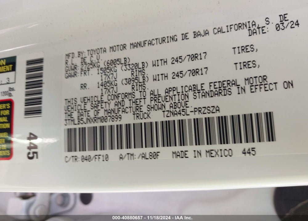 2024 TOYOTA TACOMA SR5 VIN: 3TMLB5JNXRM007899