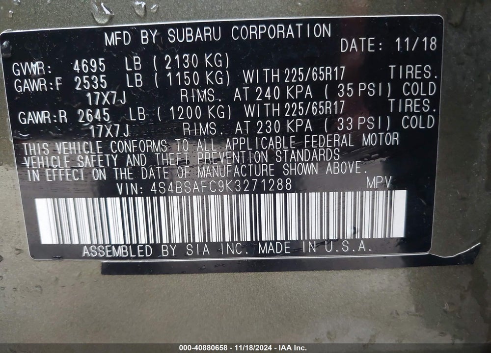 2019 SUBARU OUTBACK 2.5I PREMIUM VIN: 4S4BSAFC9K3271288