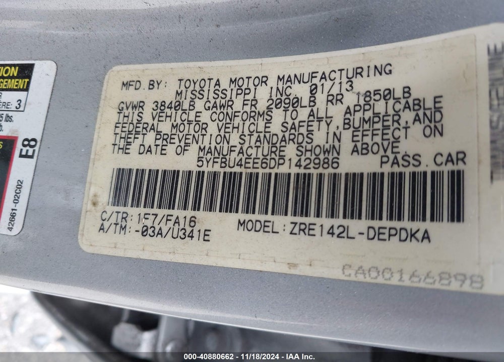 2013 TOYOTA COROLLA L VIN: 5YFBU4EE6DP142986