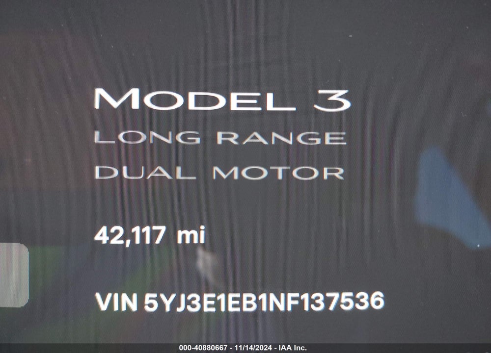 2022 TESLA MODEL 3 LONG RANGE DUAL MOTOR ALL-WHEEL DRIVE VIN: 5YJ3E1EB1NF137536