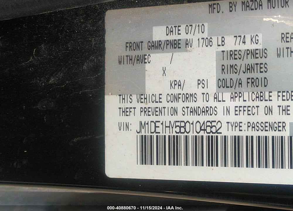 2011 MAZDA 2 TOURING VIN: JM1DE1HY5B0104652