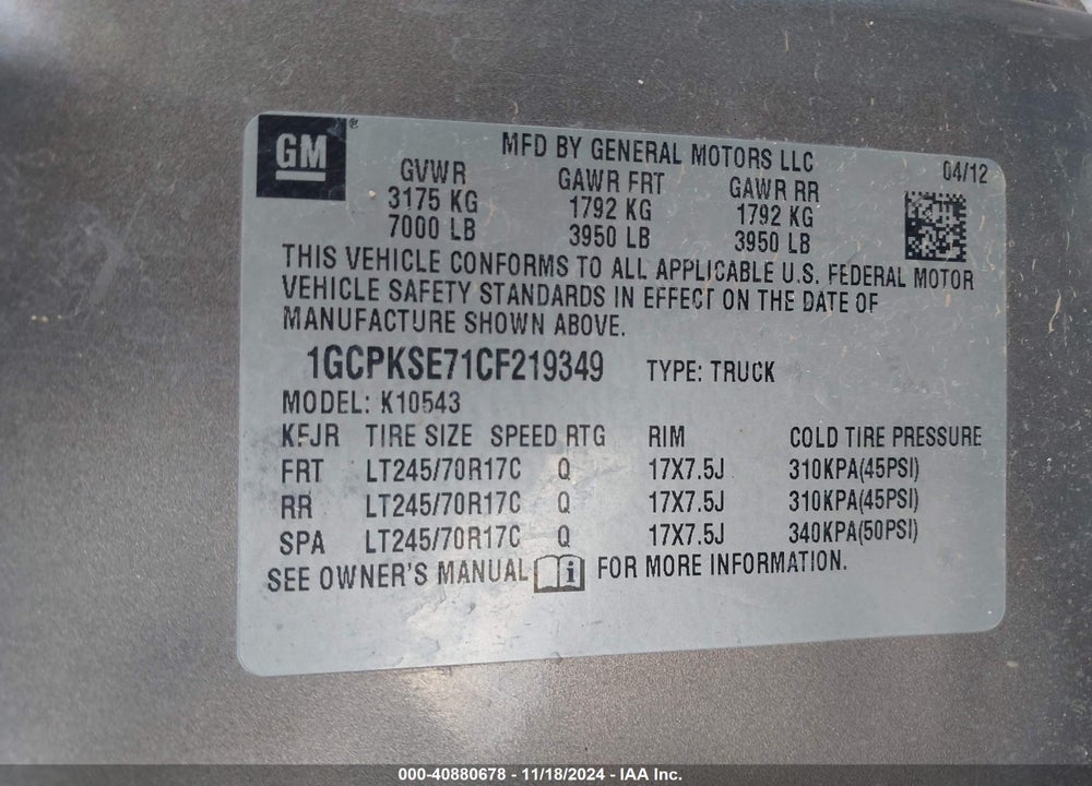 2012 CHEVROLET SILVERADO 1500 VIN: 1GCPKSE71CF219349