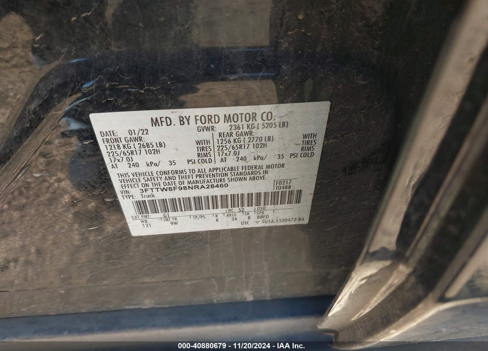 2022 FORD MAVERICK VIN: 3FTTW8F98NRA28460