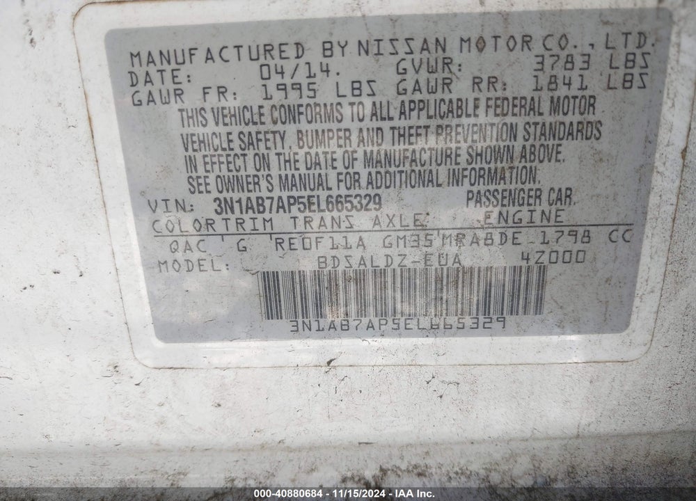 2014 NISSAN SENTRA SV VIN: 3N1AB7AP5EL665329