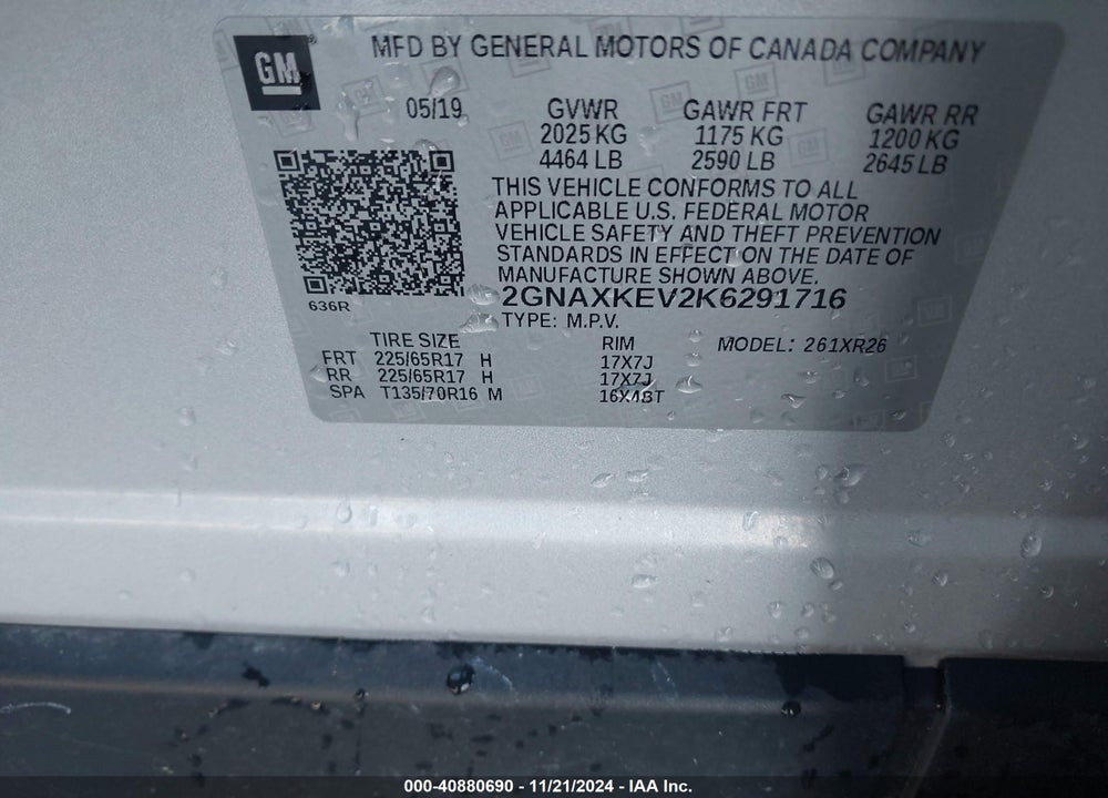 2019 CHEVROLET EQUINOX LT VIN: 2GNAXKEV2K6291716