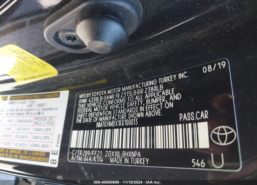 2019 TOYOTA C-HR XLE VIN: NMTKHMBX1KR100013