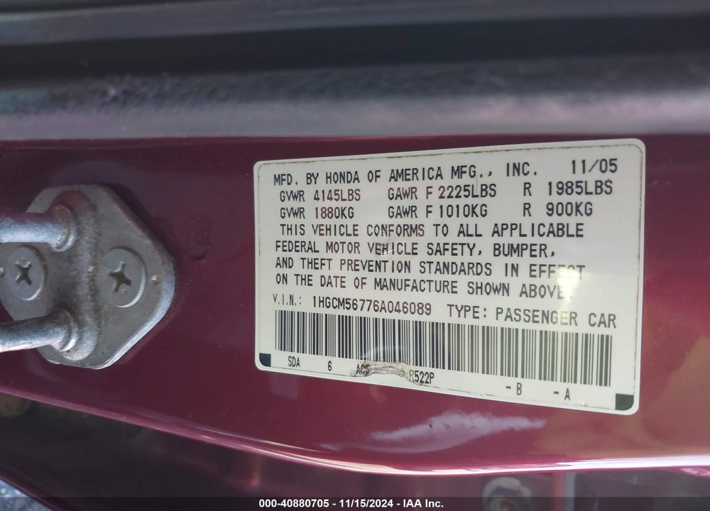 2006 HONDA ACCORD 2.4 EX VIN: 1HGCM56776A046089