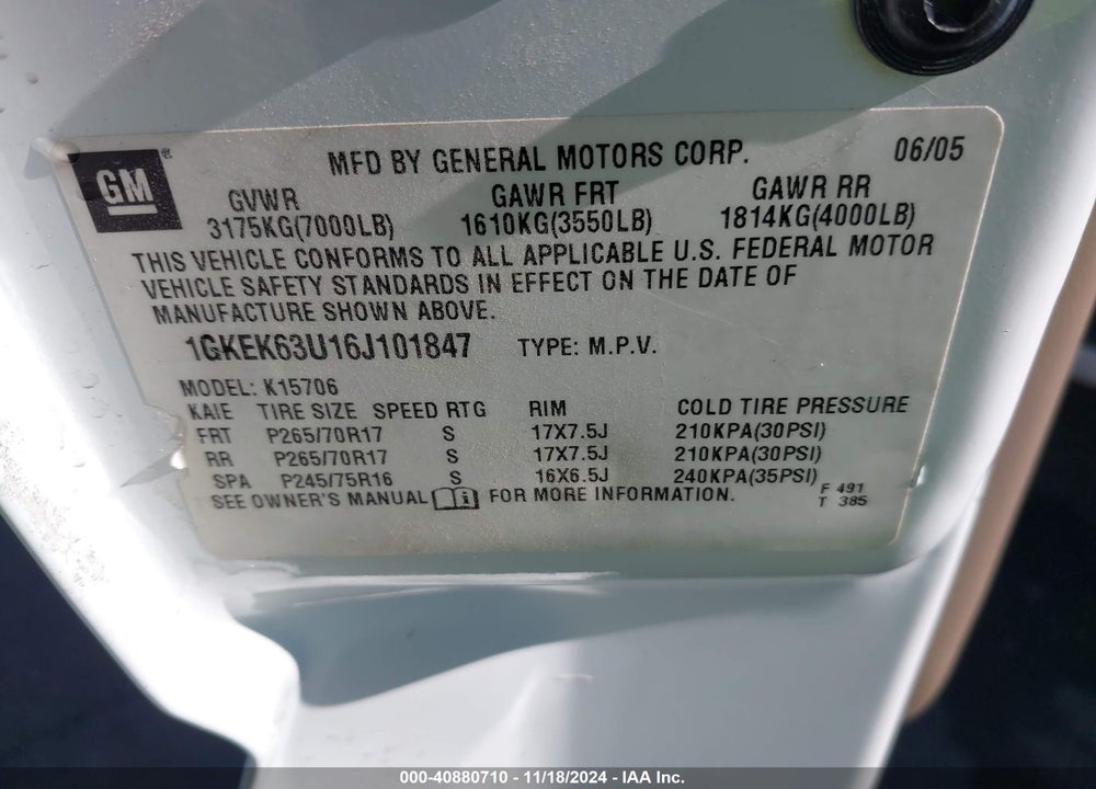 2006 GMC YUKON DENALI VIN: 1GKEK63U16J101847