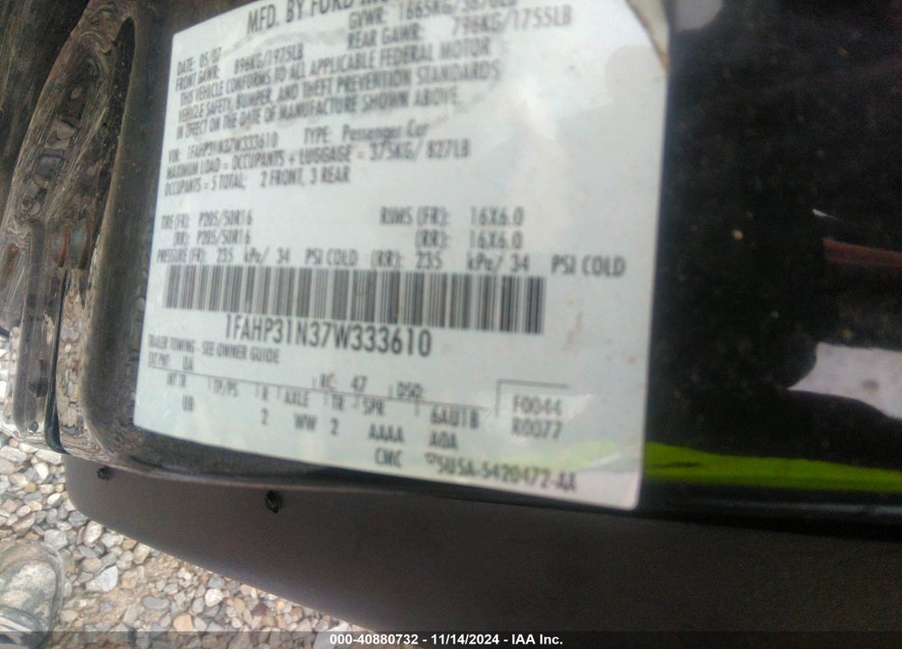 2007 FORD FOCUS S/SE/SES VIN: 1FAHP31N37W333610