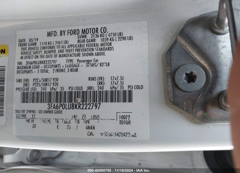 2019 FORD FUSION HYBRID SE VIN: 3FA6P0LU8KR222797