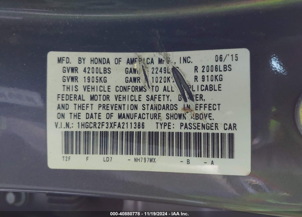 2015 HONDA ACCORD VIN: 1HGCR2F3XFA211386