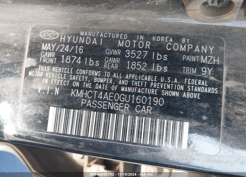 2016 HYUNDAI ACCENT SE VIN: KMHCT4AE0GU160190