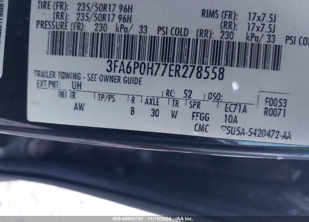 2014 FORD FUSION SE VIN: 3FA6P0H77ER278558