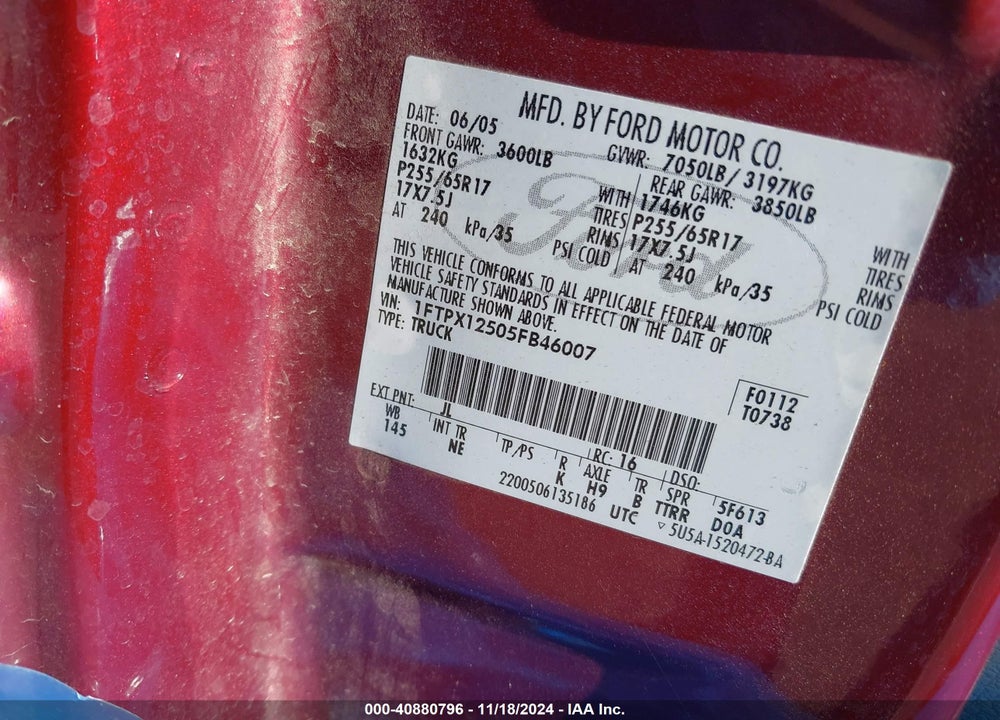 2005 FORD F-150 LARIAT/XL/XLT VIN: 1FTPX12505FB46007