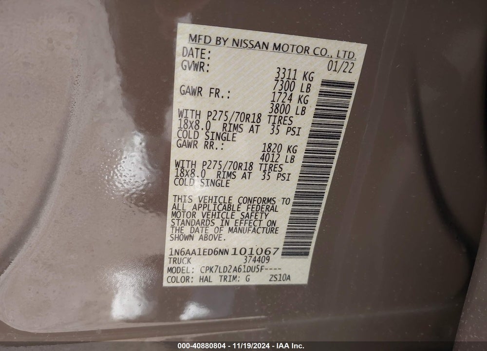 2022 NISSAN TITAN VIN: 1N6AA1ED6NN101067