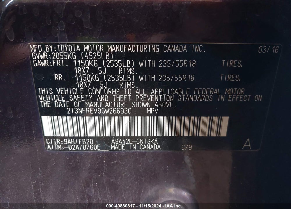 2016 TOYOTA RAV4 SE VIN: 2T3NFREV9GW266930