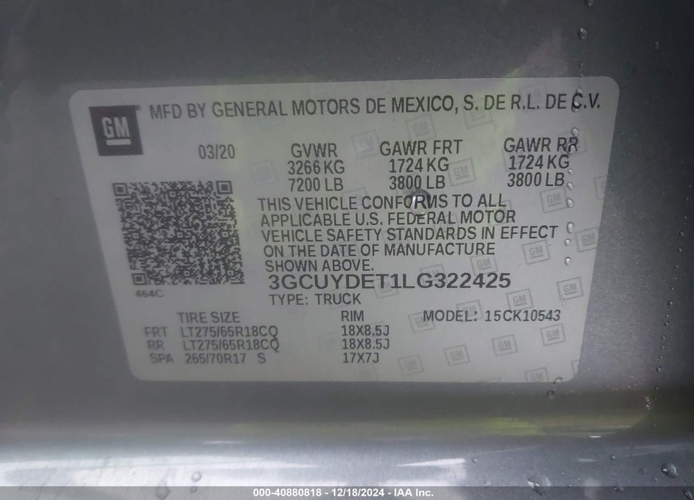 2020 CHEVROLET SILVERADO 1500 4WD SHORT BED LT VIN: 3GCUYDET1LG322425