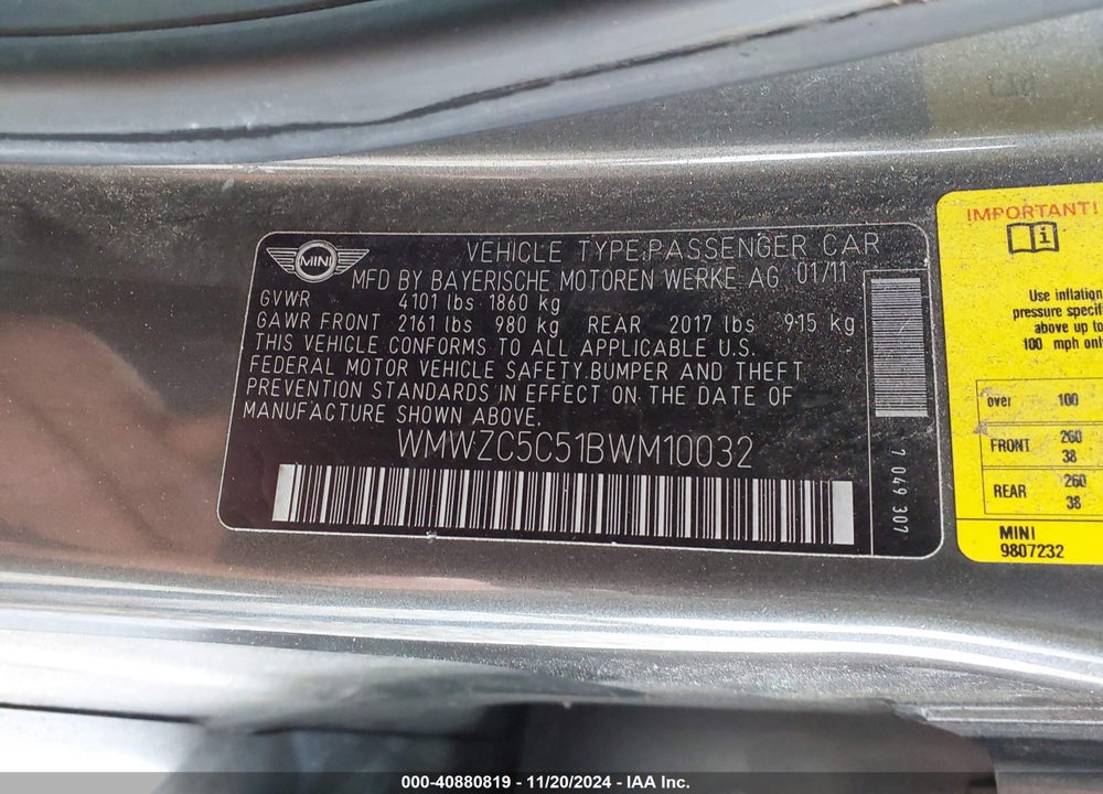2011 MINI COOPER S COUNTRYMAN VIN: WMWZC5C51BWM10032