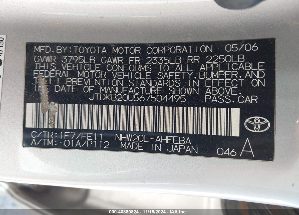 2006 TOYOTA PRIUS VIN: JTDKB20U567504495