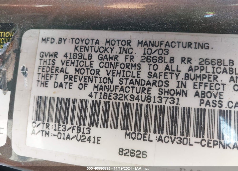 2004 TOYOTA CAMRY LE VIN: 4T1BE32K94U813731
