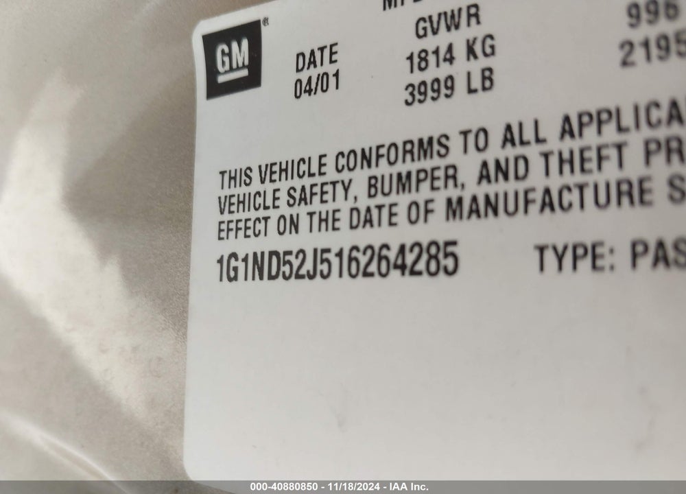 2001 CHEVROLET MALIBU VIN: 1G1ND52J516264285