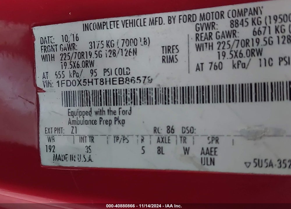 2017 FORD F-550 CHASSIS XLT VIN: 1FD0X5HT8HEB86579