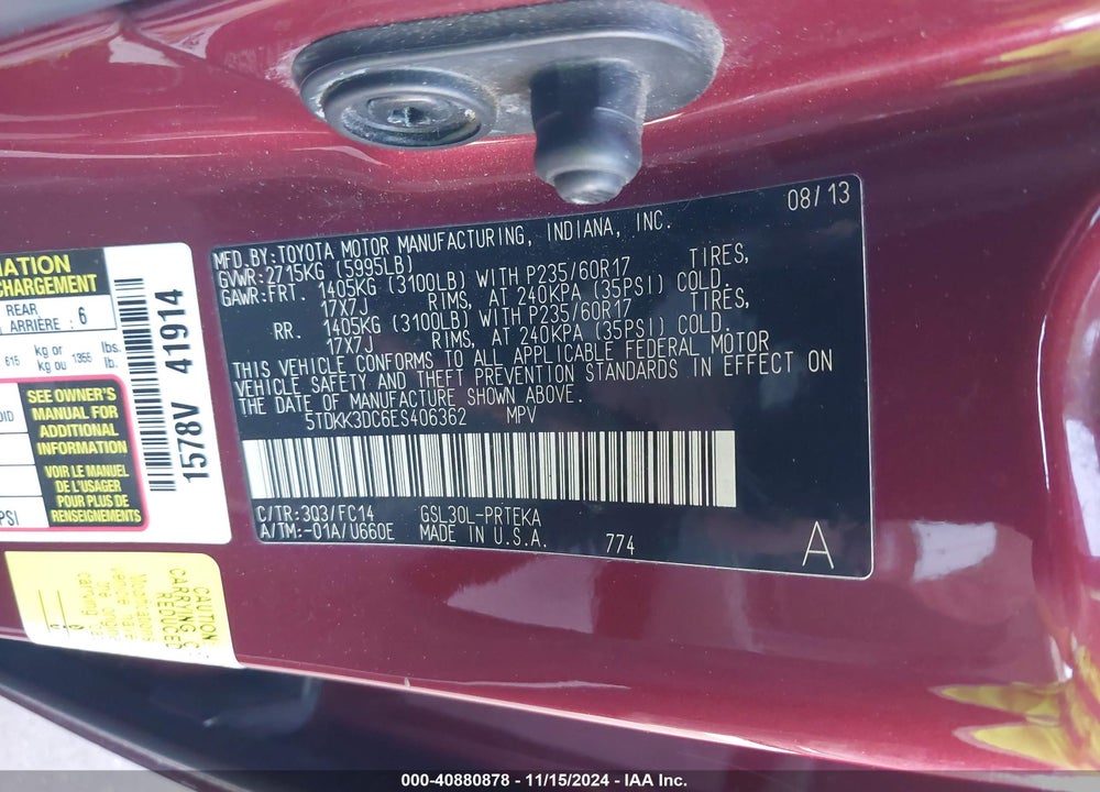 2014 TOYOTA SIENNA LE V6 8 PASSENGER VIN: 5TDKK3DC6ES406362