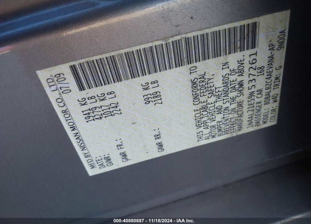 2009 NISSAN ALTIMA 2.5 S VIN: 1N4AL21E59N537261