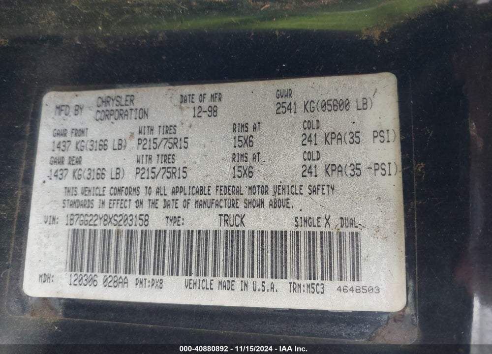 1999 DODGE DAKOTA SLT/SPORT VIN: 1B7GG22Y8XS203158