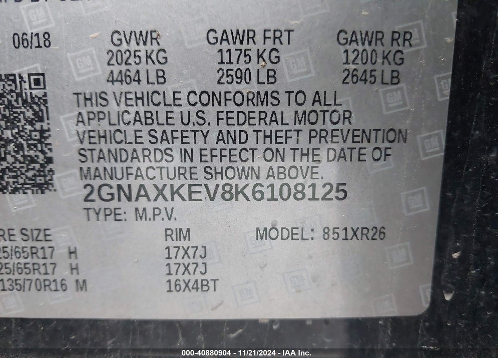 2019 CHEVROLET EQUINOX LT VIN: 2GNAXKEV8K6108125