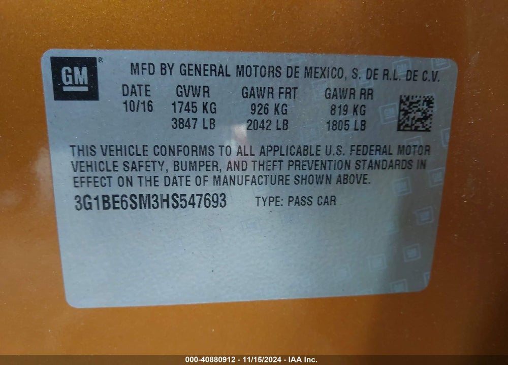 2017 CHEVROLET CRUZE LT AUTO VIN: 3G1BE6SM3HS547693