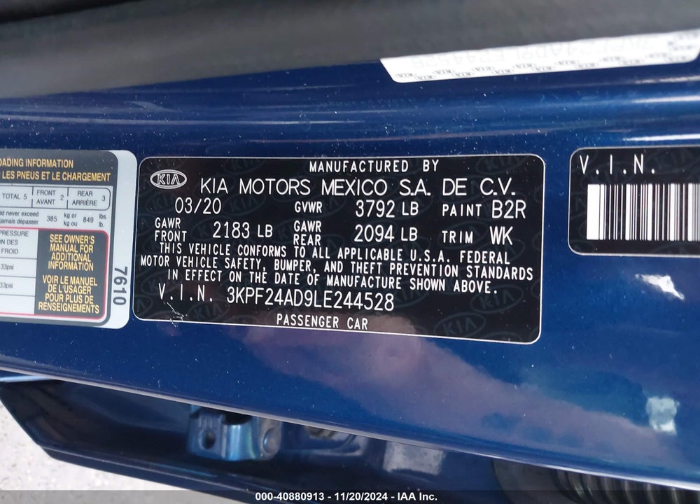 2020 KIA FORTE LXS VIN: 3KPF24AD9LE244528