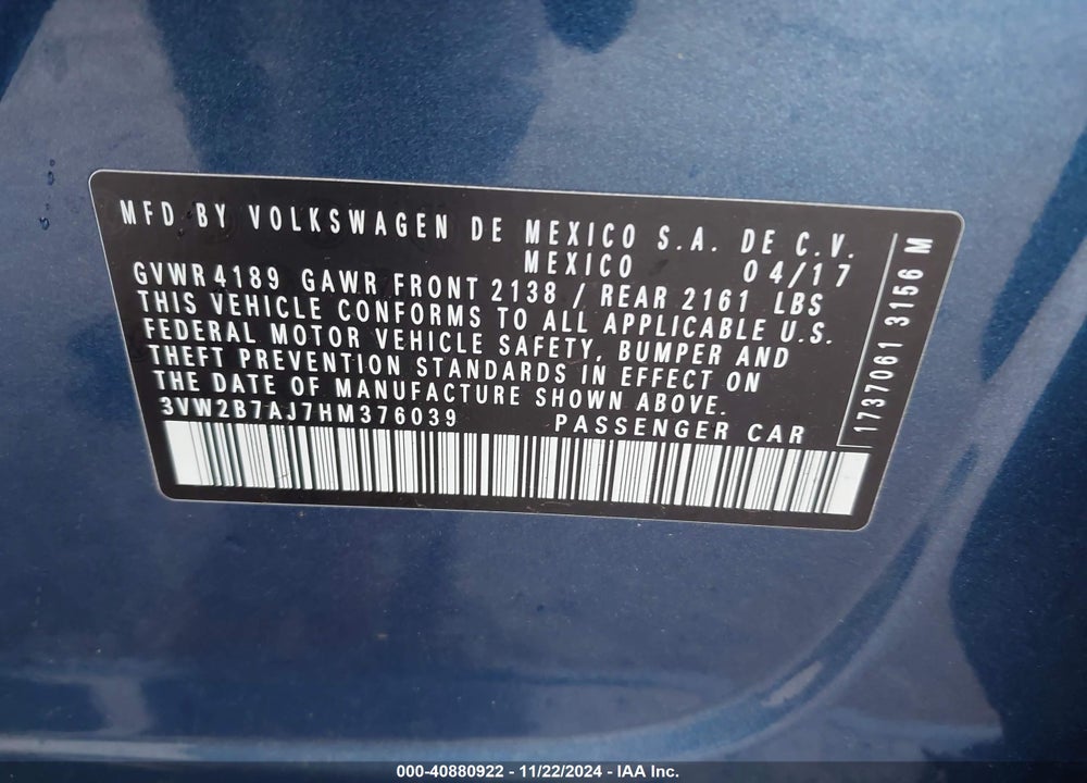 2017 VOLKSWAGEN JETTA 1.4T S VIN: 3VW2B7AJ7HM376039