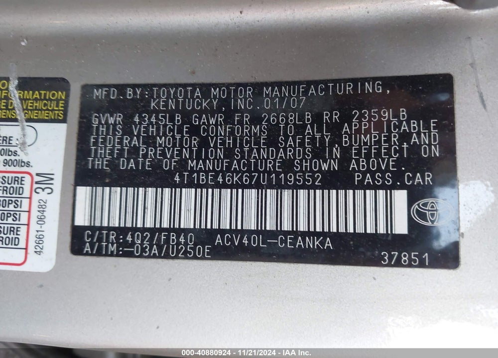 2007 TOYOTA CAMRY LE VIN: 4T1BE46K67U119552