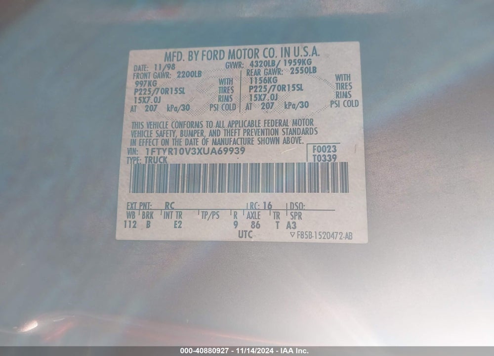 1999 FORD RANGER XL/XLT VIN: 1FTYR10V3XUA69939