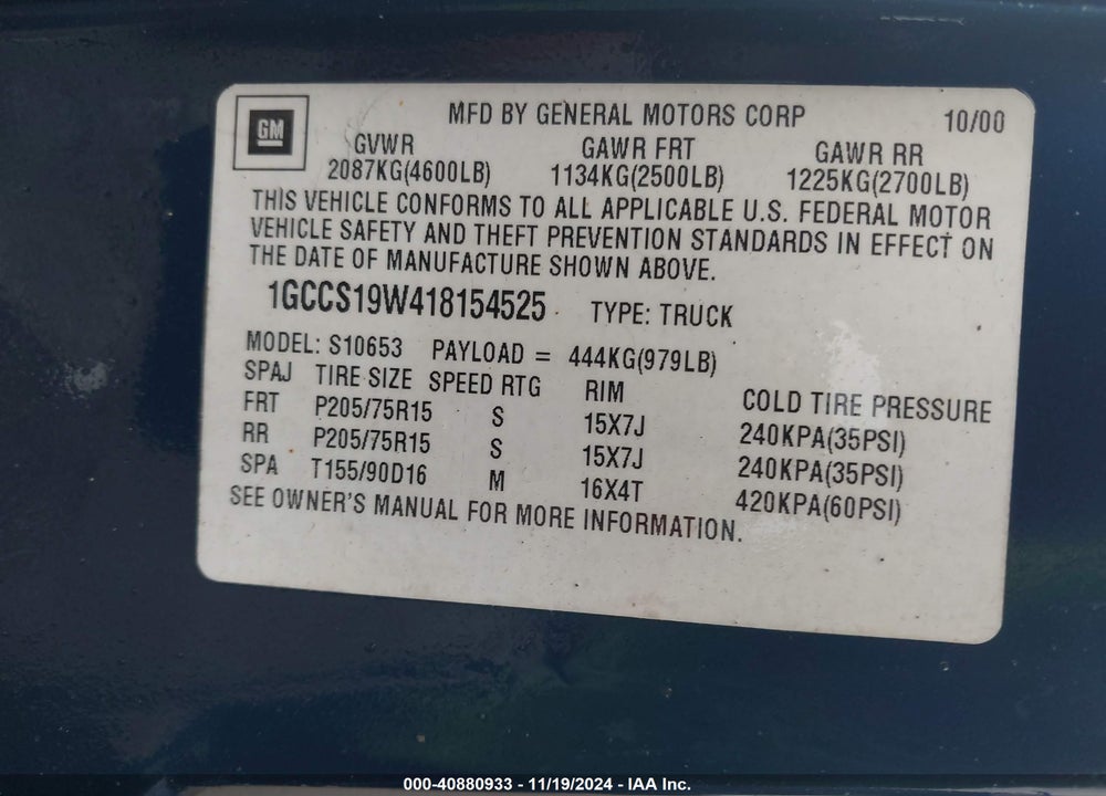 2001 CHEVROLET S-10 VIN: 1GCCS19W418154525