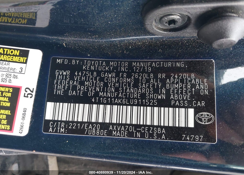 2020 TOYOTA CAMRY SE VIN: 4T1G11AK6LU911525