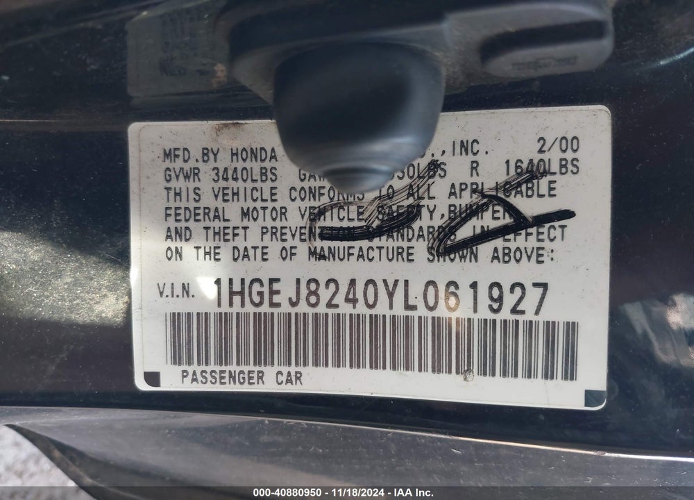 2000 HONDA CIVIC EX VIN: 1HGEJ8240YL061927